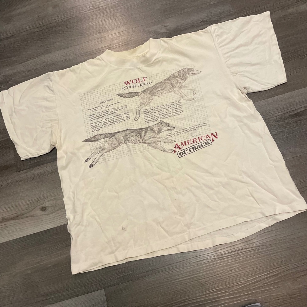 Vintage American Outback Wolf Facts Graphic T-Shirt Mens Large White Made in USA
